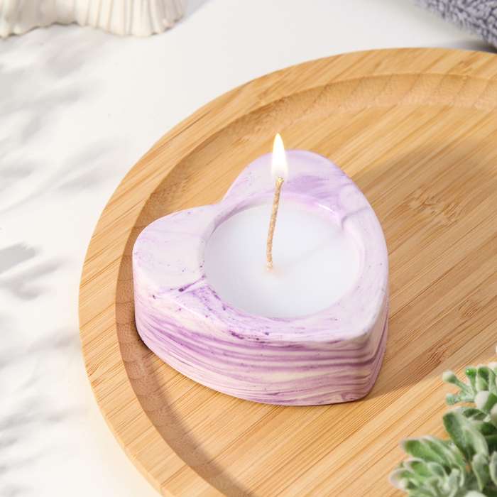 Свеча "Сердце малое. Мрамор" в подсвечнике из гипса, 7х3см,мрамор с фиолетовыми полосками