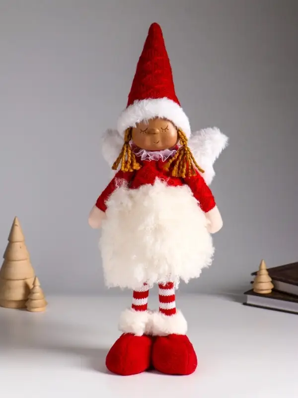 Кукла интерьерная "Ангелочек в меховой юбочке и красном колпаке" 15х9х45 см