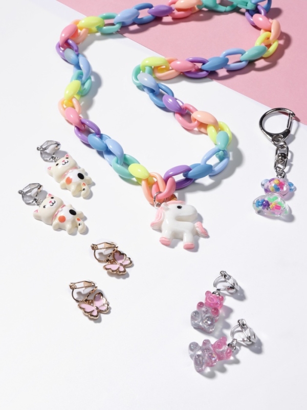 Набор "Выбражулька" 6 пр.: цепочка единорог. 3 пары клипс кот, мишки, бабочки, брелок мишка   108411