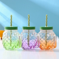 Банка стеклянная с крышкой и трубочкой Доляна &laquo;Ананас&raquo;, 500 мл, 12,5&times;9,5&times;13 см, цвет МИКС