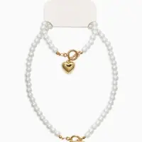 Набор 2 пред-та: бусы.браслет "Жемчуг", сердце, цвет белый в золоте L=18/42см №8