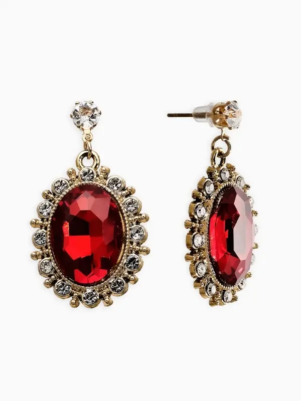 Серьги со стразами "Овал грань", цвет красный в золоте