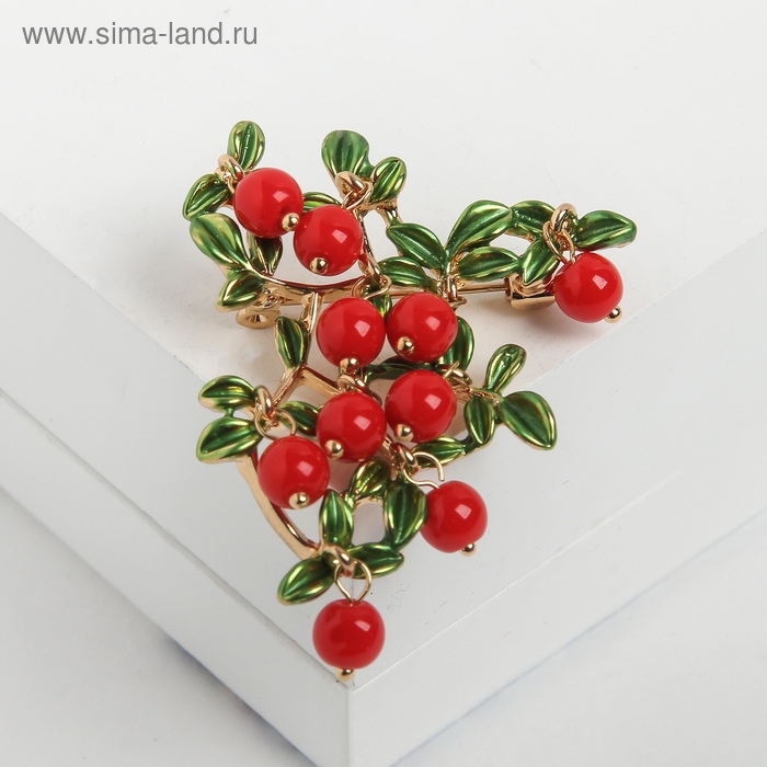 Брошь &laquo;Ветвь коралловая&raquo;, цвет красно-зелёный в золоте