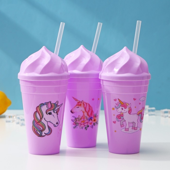 Стакан &laquo;Сказочный единорог&raquo;, 450 мл, с крышкой и трубочкой, рисунок МИКС