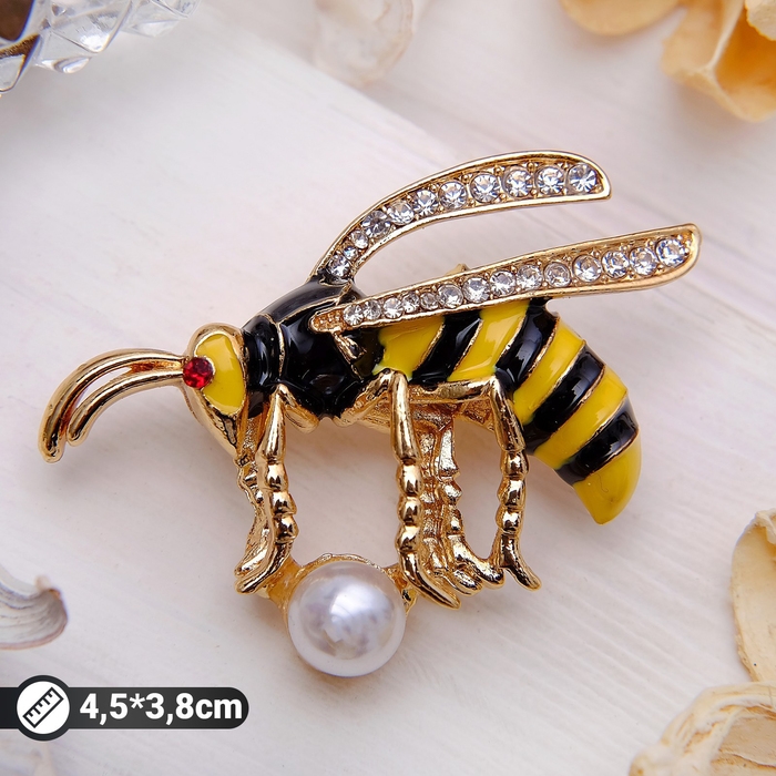 Брошь &laquo;Пчелка&raquo; с бусиной, цветная в золоте