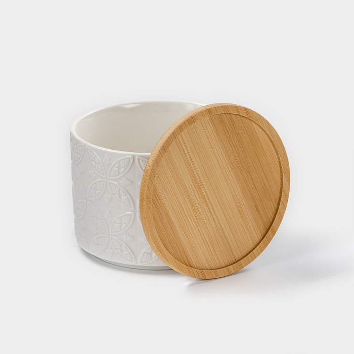 Банка для хранения сыпучих продуктов BellaTenero &laquo;Листья&raquo;, 330 мл, d=10 см, с бамбуковой крышкой, фарфоровая, цвет белый