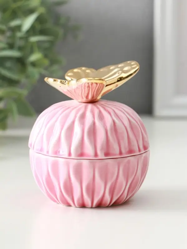 Шкатулка керамика "Золотой филин" розовая 8х8х12 см