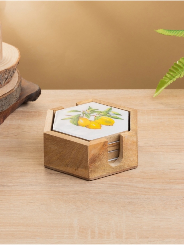 Подставка под горячее (набор 4 шт) "Лимоны" дерево манго 15х13х5 см