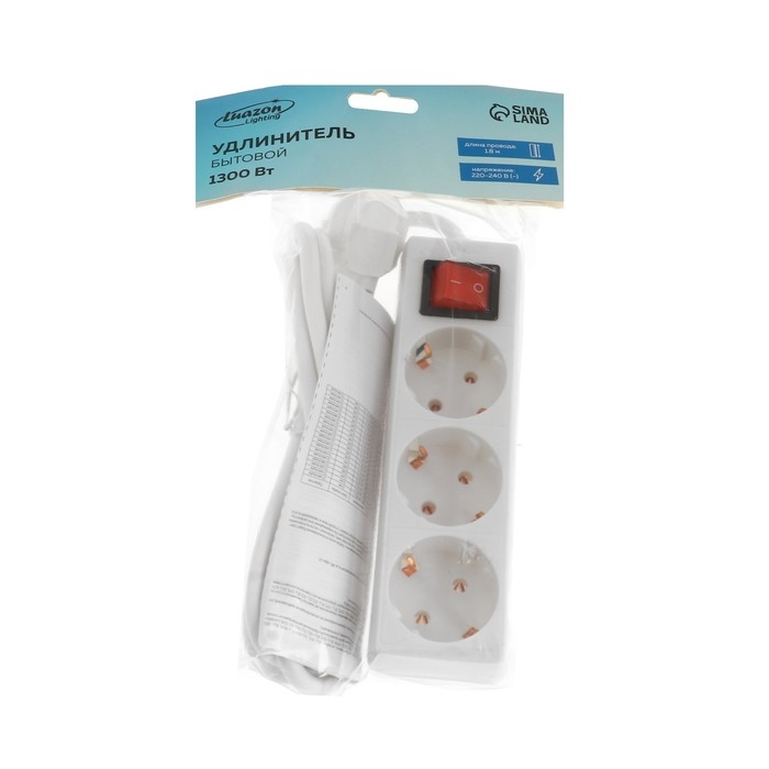 Удлинитель Luazon Lighting, 3 розетки, 1,8 м, 10 А, 2200 Вт, 3х0.75 мм2, с з/к, с выкл., Б