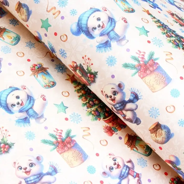 Бумага упаковочная новогодняя "Весёлый мишка", белый крафт, 80 г/м2 , 50 х 70 см.