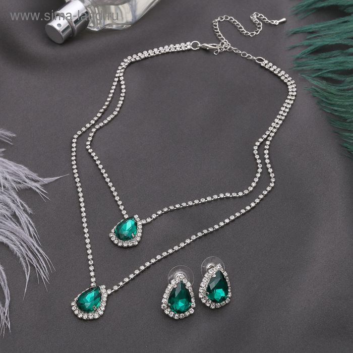Набор 2 предмета: серьги, колье &laquo;Жаклин&raquo; дуэт, капля, цвет бело-изумрудный в серебре, 45см