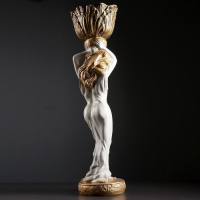 Фигура "Девушка стоя кашпо на голове средняя" белый-бронза, 1,5 л / 19х80х19см