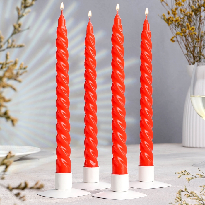 Свеча витая, 2,2х25 см, 4 шт лакированная красная