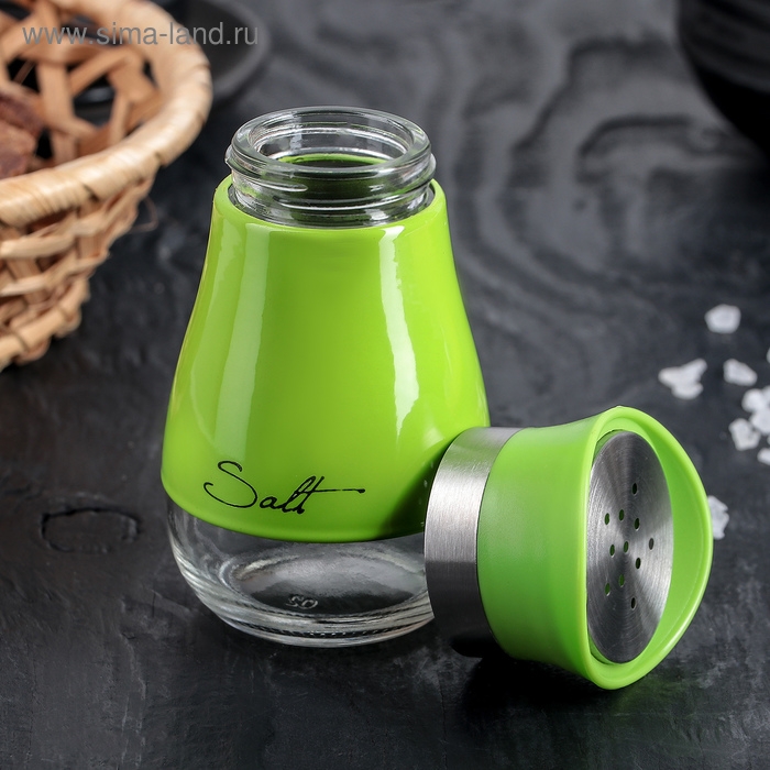 Солонка стеклянная &laquo;Сияние&raquo;, 5,5&times;5&times;11 см, цвет зелёный, надписи МИКС