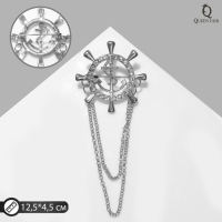 Брошь &laquo;Штурвал&raquo; якорь с цепочкой, цвет белый в серебре