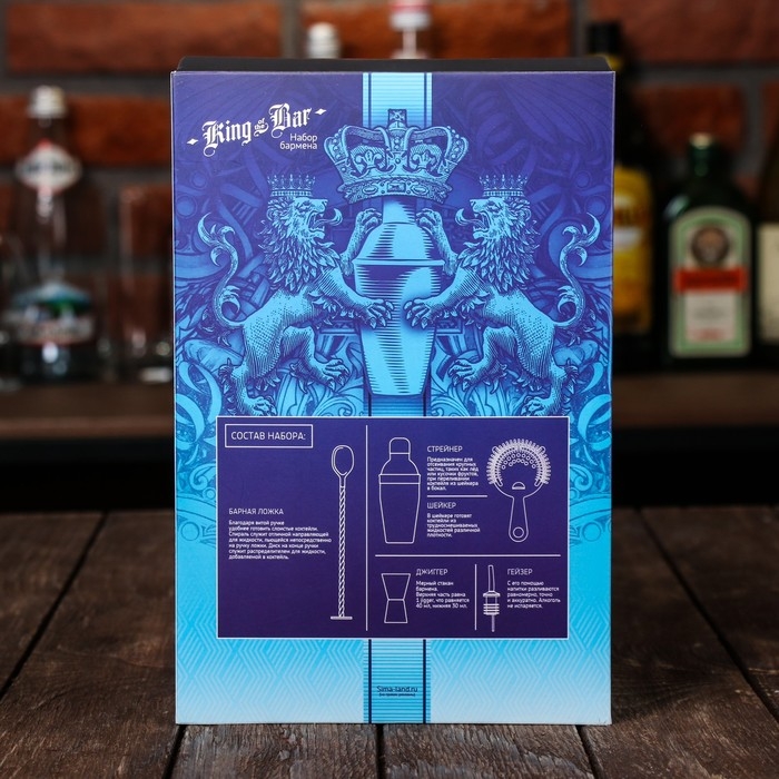 Набор для приготовления коктейлей &laquo;Король бара&raquo;, гейзер, джиггер, шейкер 600 мл, стрейнер, ложка