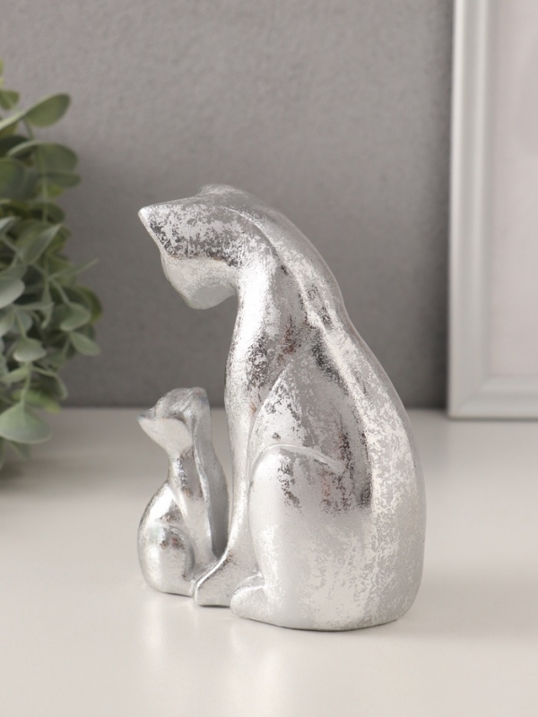 Сувенир полистоун "Кошка с котёнком" серебро 10х6х13,5 см