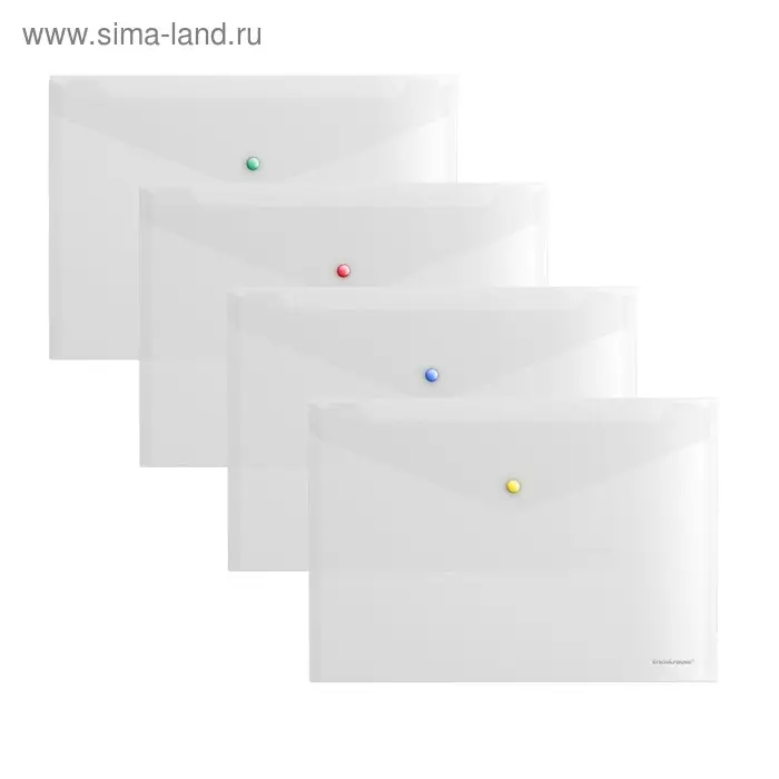 Папка-конверт на кнопке А4, 160 мкм, ErichKrause Glossy Clear, глянцевая, с цветной кнопкой, прозрачная, микс