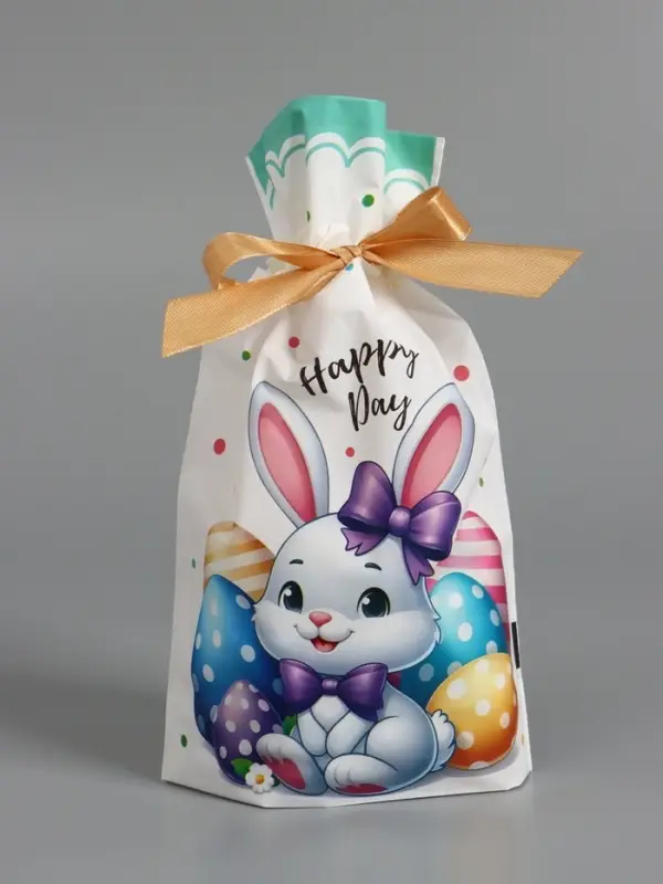 Пакет  полиэтиленовый подарочный "Заяц с цветами", с завязками, 15х23&plusmn;1 см