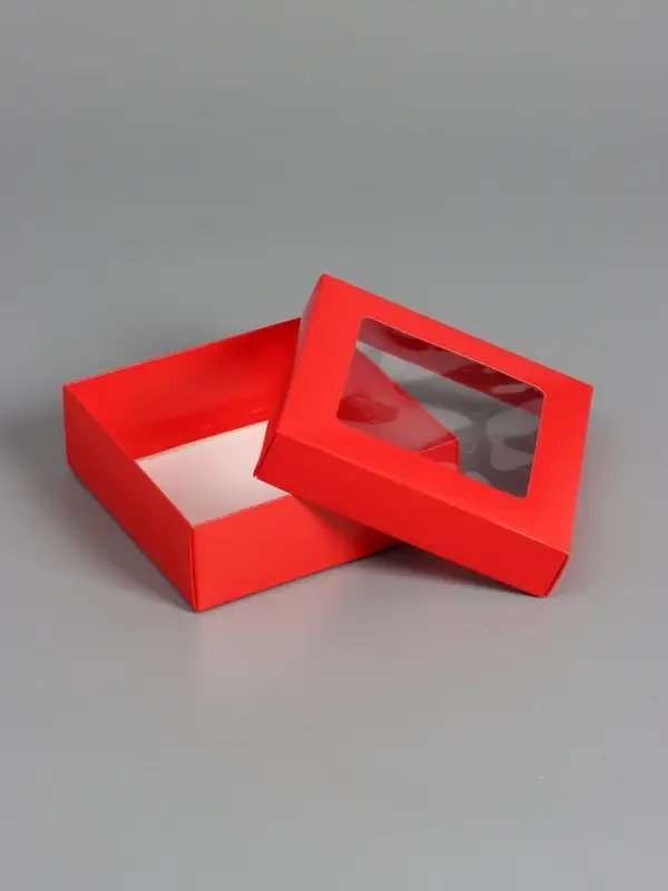 Коробка складная, крышка-дно,с окном, красная, 15 х 15 х 5 см