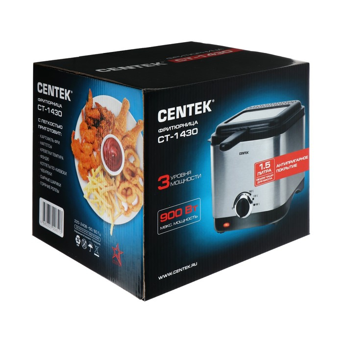 Фритюрница Centek CT-1430, 900 Вт, 1.5 л , антипригарная чаша, серебристая