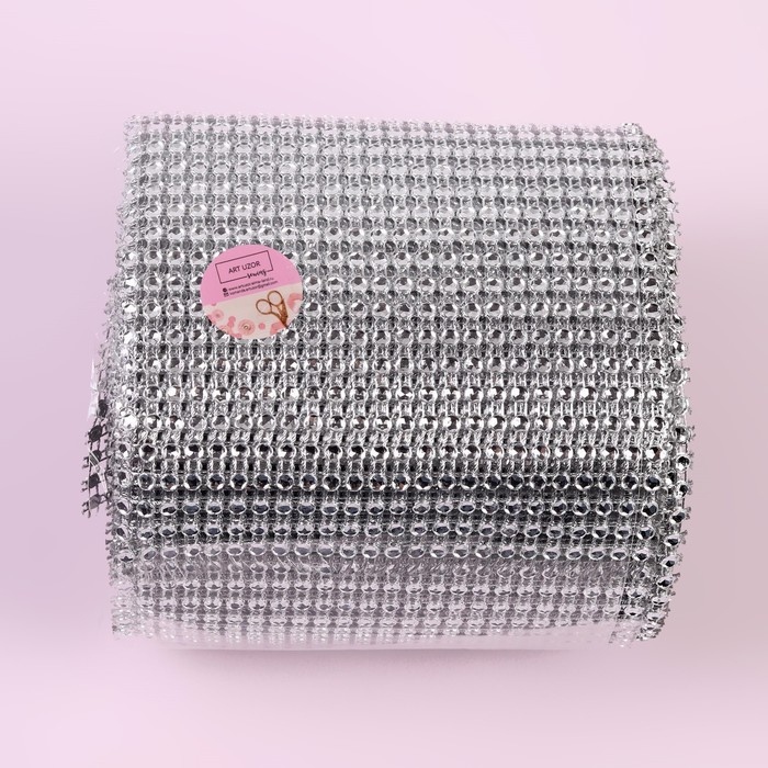 Лента с имитацией страз, 12 см, 9 &plusmn; 1 м, цвет серебряный