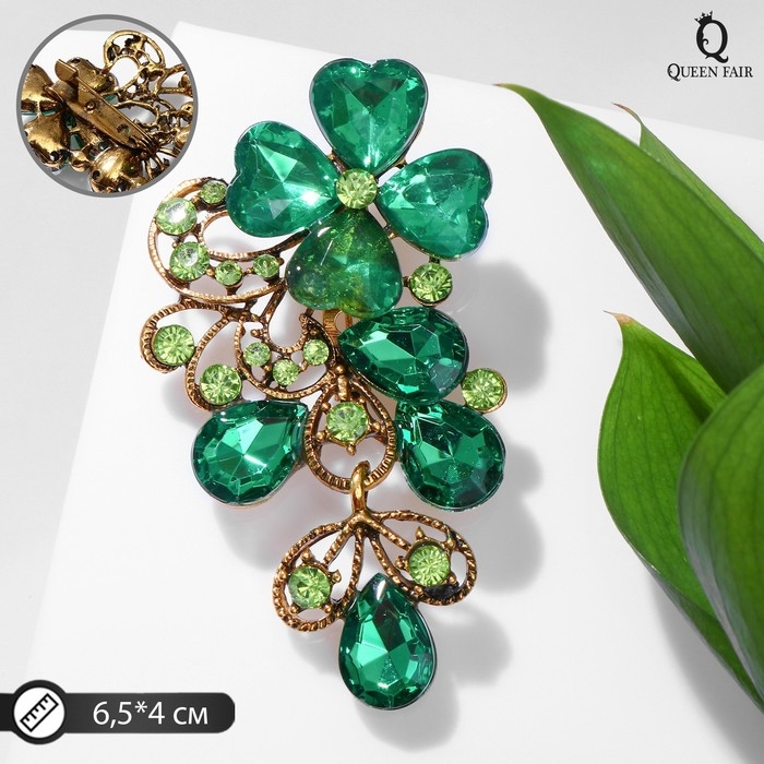 Брошь &laquo;Цветочная лоза&raquo;, цвет изумрудный в чернёном золоте