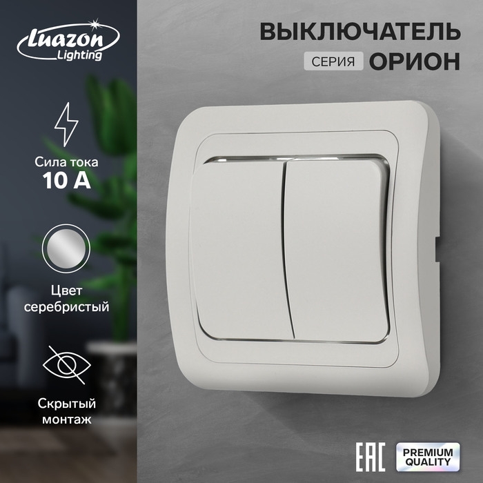 Выключатель Luazon Lighting "Орион", 10 А, 2 клавиши, скрытый, серебристый