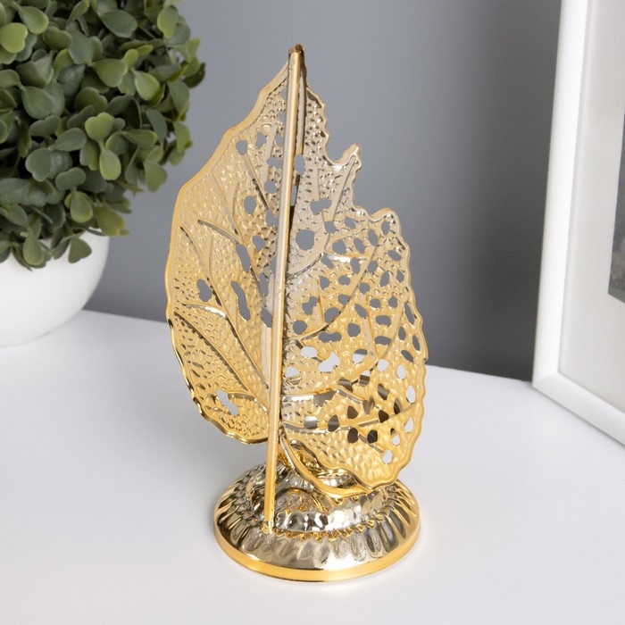 Подсвечник металл на 1 свечу "Скелетированный лист" золото d=4,7 см 7,5х10,5х20,5 см