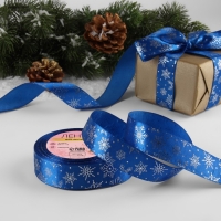 Новый год! Лента атласная с тиснением &laquo;Снежинки&raquo;, 25 мм, 23 &plusmn; 1 м, цвет синий/серебряный №122