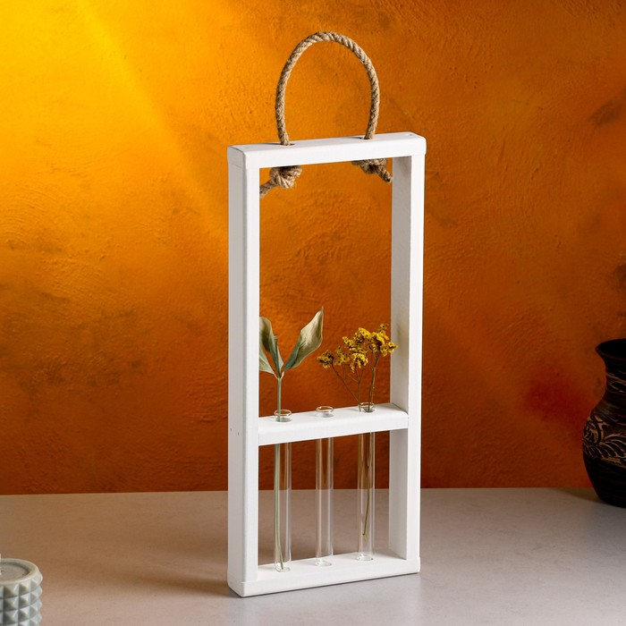 Кашпо деревянное 18&times;5&times;40 см с 3 колбами 15 см "Рамка Экстра", ручка, белый Дарим Красиво