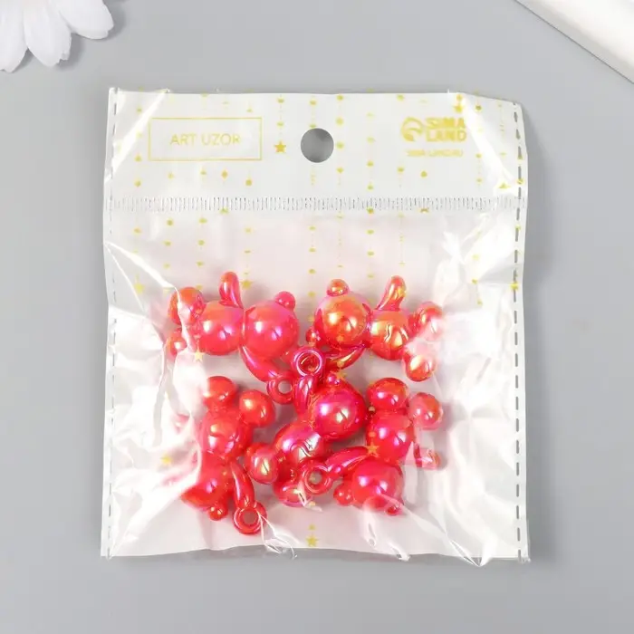 Декор для творчества пластик "Перламутровый мишка с петелькой" красный 3х1,4х3,1 см