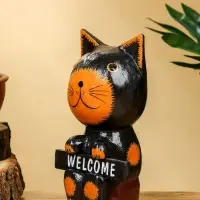 Сувенир "Кот с табличкой WELCOME" дерево 10х7х16 см, цв. чёрно-рыжий