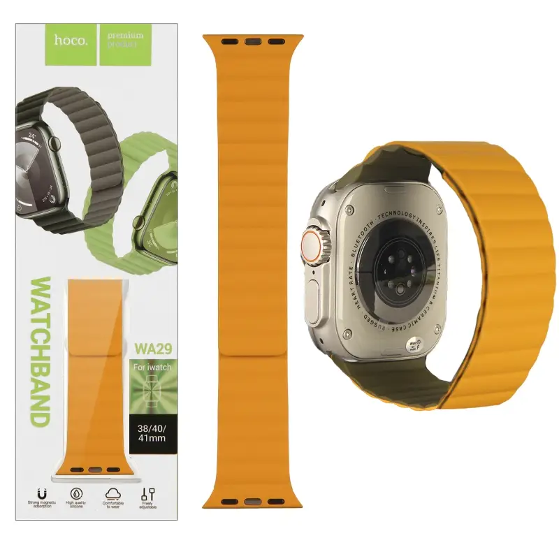 Ремешок для Apl watch 38/40/41mm WA29 magnetic silicone strap Army green/bright yellow HOCO