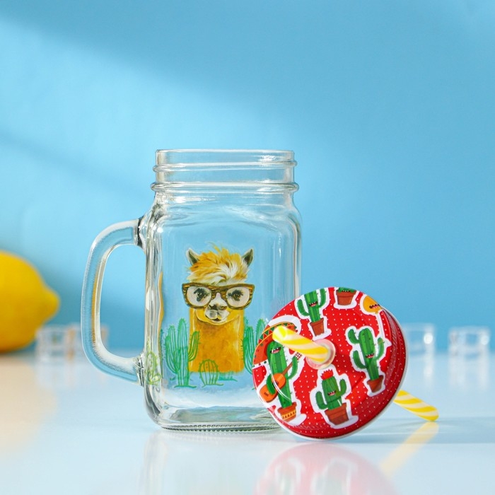 Банка стеклянная с крышкой и трубочкой Доляна &laquo;Лама&raquo;, 450 мл, 10&times;7,5&times;13 см