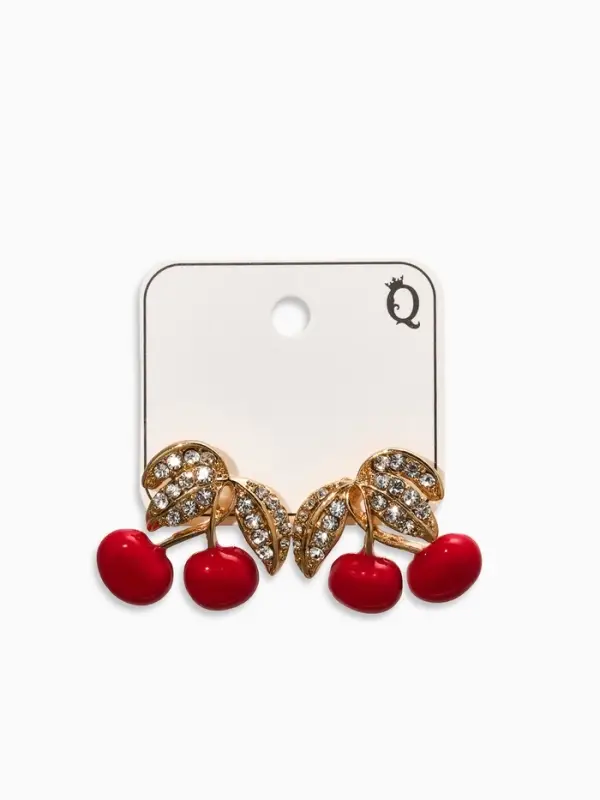 Серьги со стразами "Вишня", цвет бело-красный в золоте