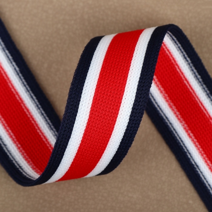 Тесьма трикотажная лампас 25 мм, 9,1 &plusmn; 0,5 м, цвет красный/белый/тёмно-синий