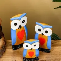 Набор сувенирный "Совята с сердечком" дерево H 15, 13, 11 см, цв. голубой с золотом