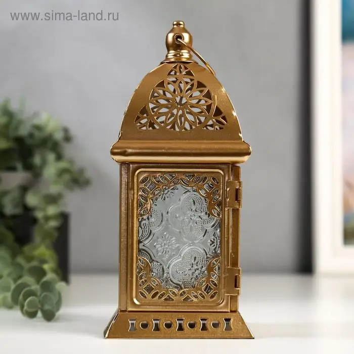 Подсвечник металл, стекло на 1 свечу "Фонарик. Сахара" золото 21,5х10х10 см
