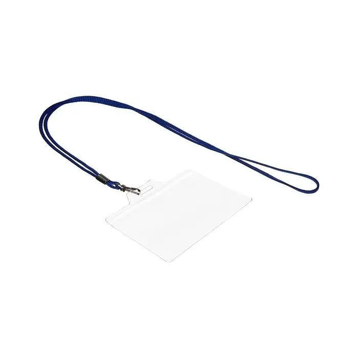 Бейдж горизонтальный, внешний размер 94&times;80 мм, внутренний размер 87&times;54 мм, на синем шнурке 40 см