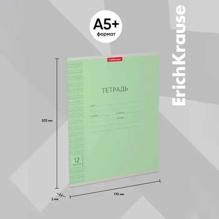 Тетрадь 12 листов в частую косую линейку, ErichKrause &laquo;Классика&raquo;, обложка мелованный картон, зелёная