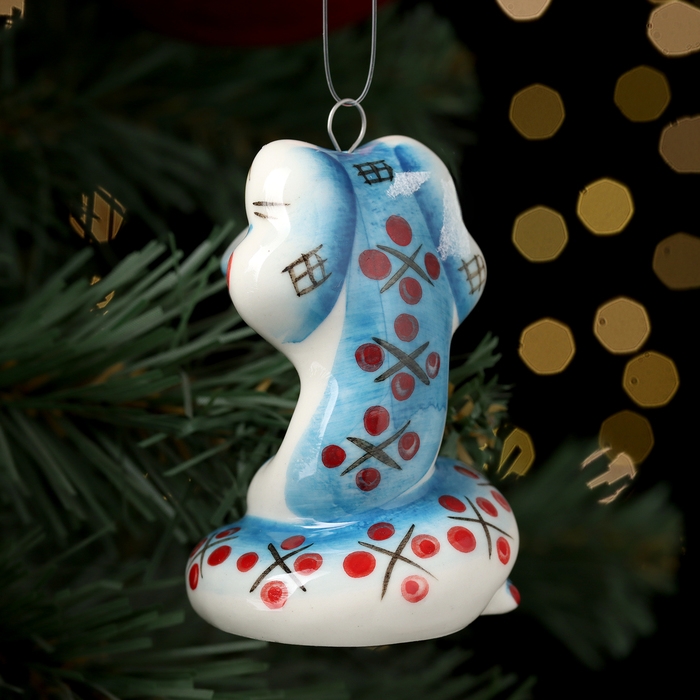Новый год. Ёлочная игрушка символ года "Змей Улыбка синий", 7 см, фарфор