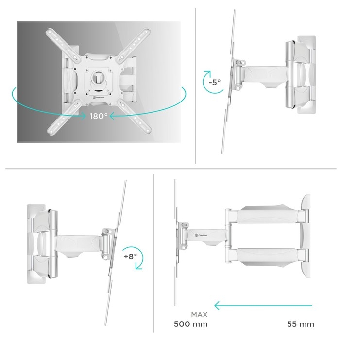Кронштейн ONKRON M4, для ТВ, наклонно-поворотный, 32"-65", 55-500 мм от стены, белый