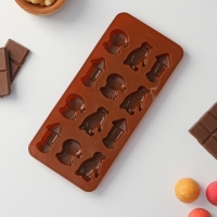 Форма для шоколада Доляна &laquo;Пингвины&raquo;, силикон, 21,5&times;10&times;1,5 см, 12 ячеек, цвет коричневый