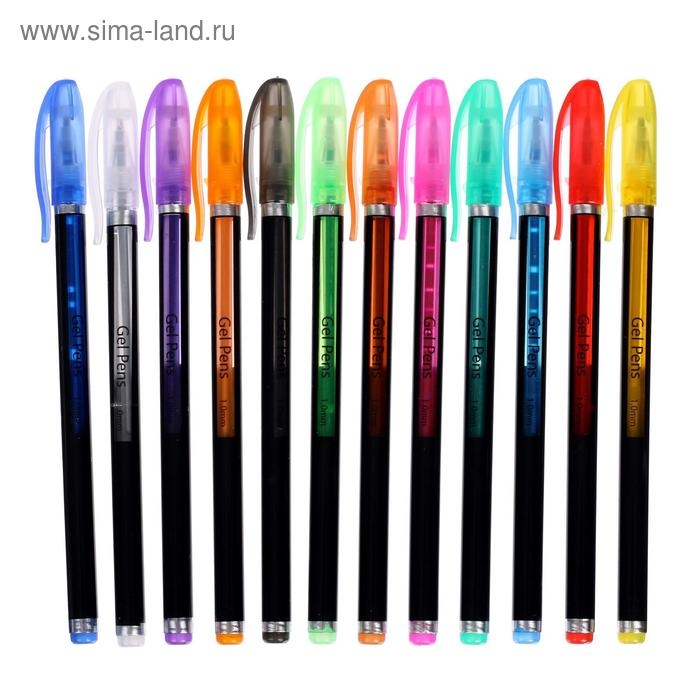 Набор гелевых ручек, 12 цветов, корпус чёрный в полоску в стержень, в блистере на кнопке
