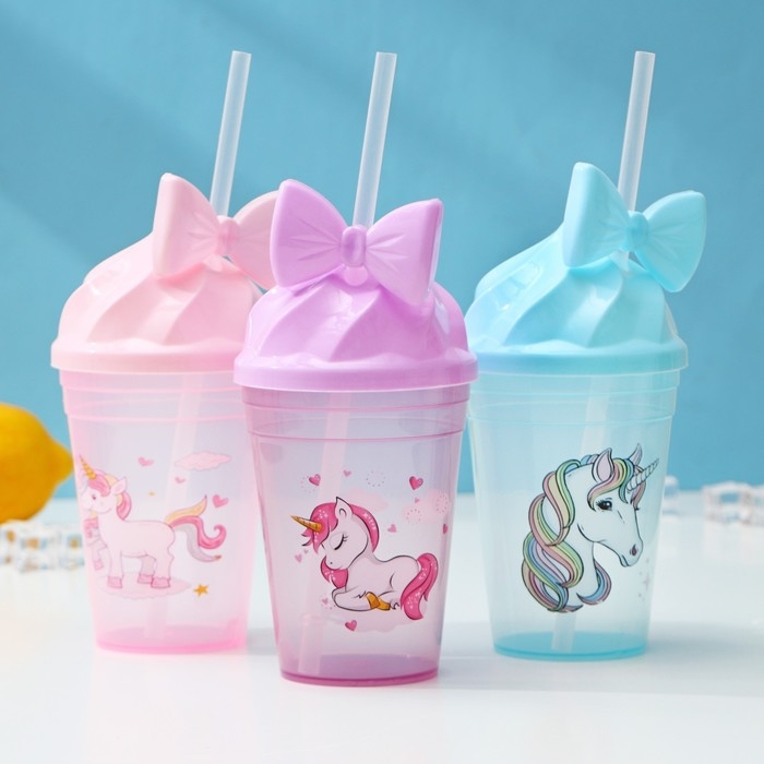 Стакан с трубочкой и крышкой Доляна &laquo;Единорог&raquo;, 450 мл, цвет МИКС
