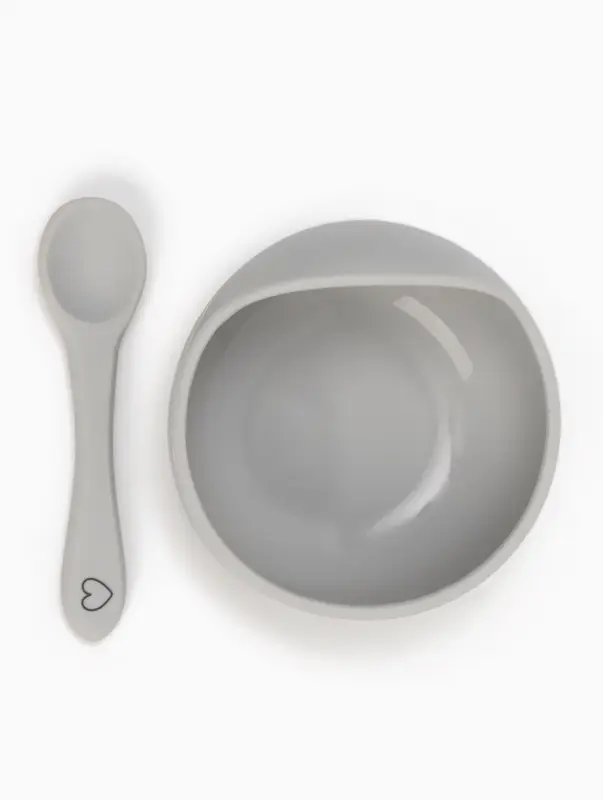 Тарелка детская на присоске и ложка, серый, Mum&Baby