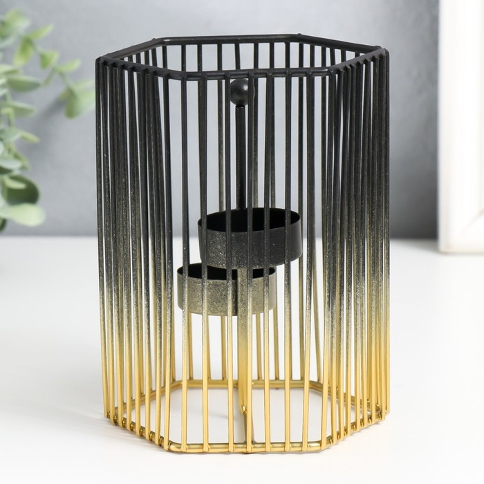 Подсвечник металл на 2 свечи "Шестиугольная клетка" d-4,5 см золот.-чёрный 11,5х11,5х15,5 см   93307