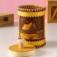 Туес шитый "Домики", D8смхH(с хватком)14см, береста