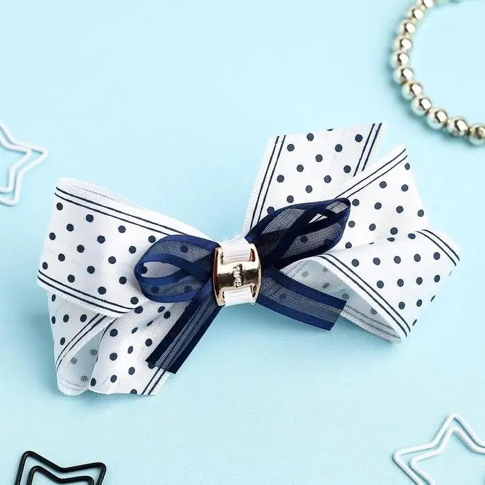 Резинка для волос &laquo;Школьница&raquo;, бант полоски горох, 8 см, бело-синяя